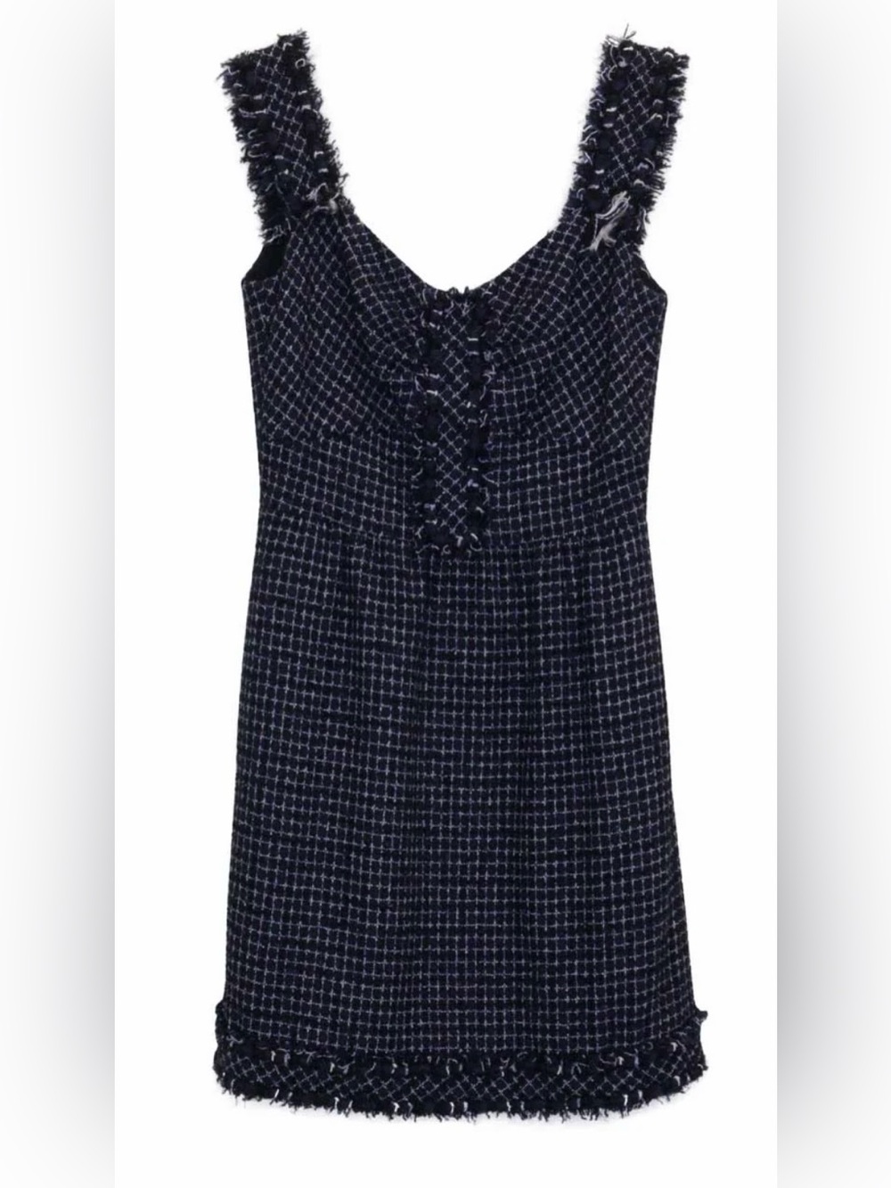CHANEL Vintage Navy Blue Tweed Fringe Edged Mini Dress